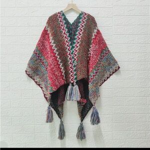0031.  Colorful Knit Poncho with Tassels